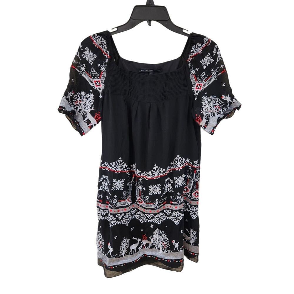 Marc By Marc Jacobs Silk Dress Sz 4 Embroidered Lined Reindeer Christmas Festive